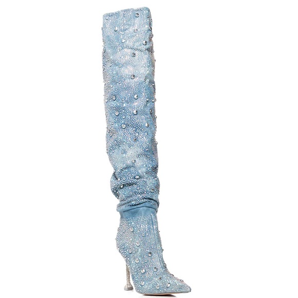 NWT. Azalea Wang Doughty Embellished Thigh High Boot In Denim. - Picture 3 of 5